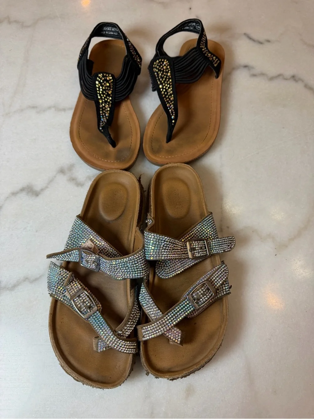 Girls' Rhinestone Slide Sandals & Black T-Strap Sandals - Kids Shoes